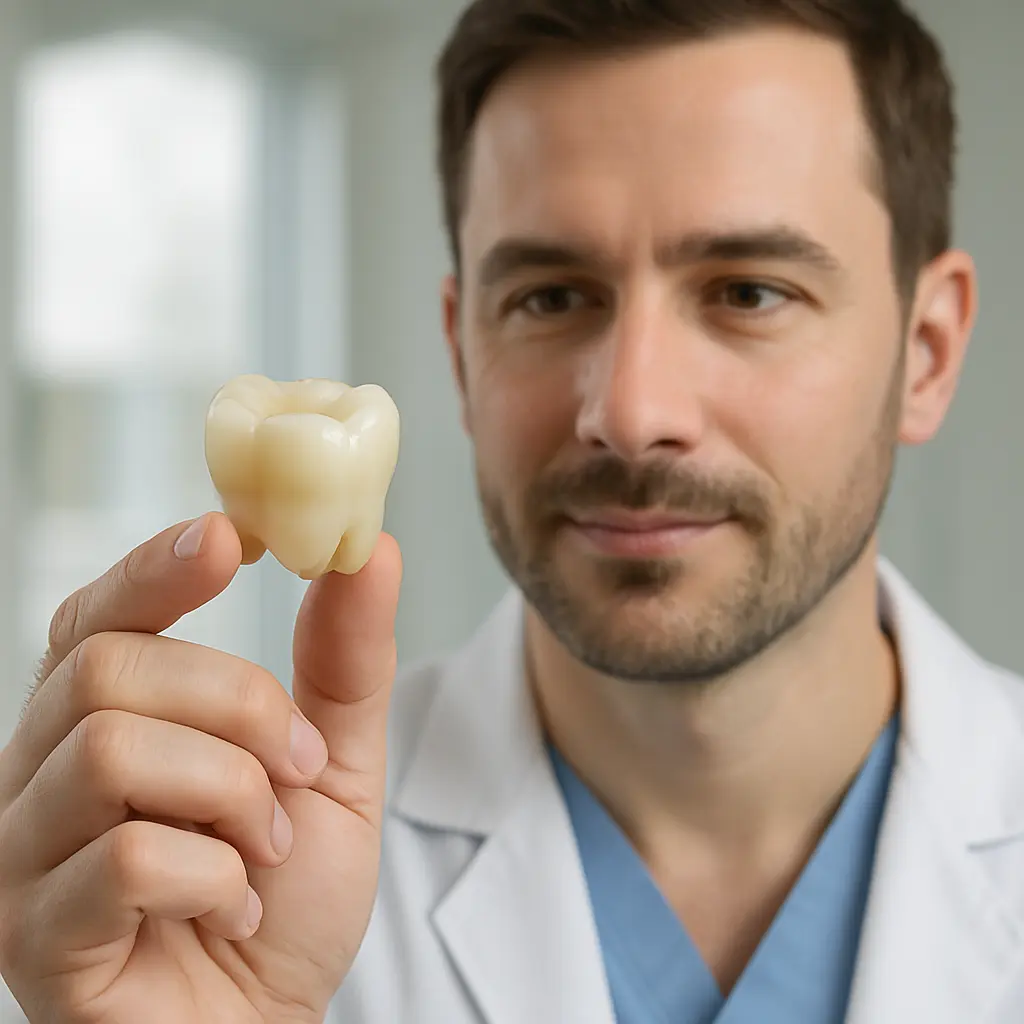 gambar dokter gigi yang sedang memegang crown gigi