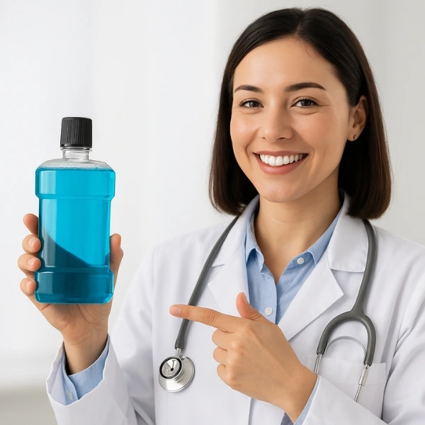 dokter gigi menunjukan obat kumur
