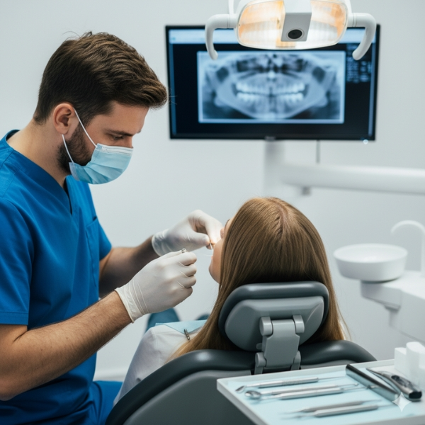 foto prosedure gigi bungsu dokter sedang check dental floss